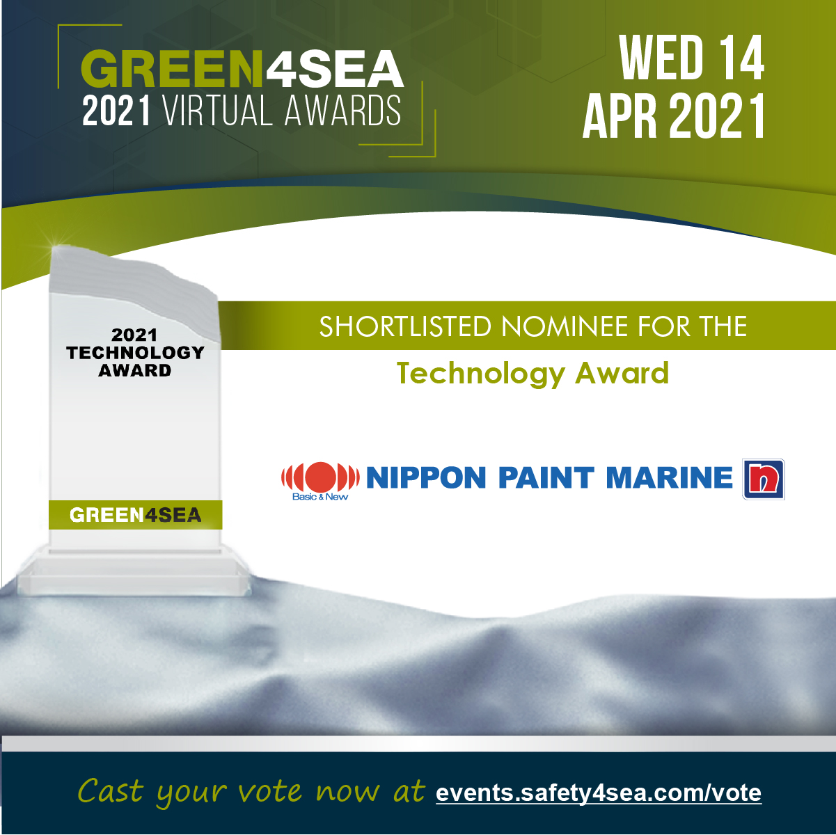 日本ペイントマリンの船底防汚塗料AQUATERRASSが「 GREEN4SEA Technology Award」部門にノミネートされました
